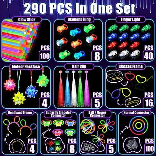 Glow in the Dark Party Supplies for Kids Adults, Light Up Party Favors with 57 LED Light Up Toys, 100 Glow Sticks Bulk DIY Glow Necklaces Glasses Bracelets Headband, Neon Party Supplies & Decorations - Image 2