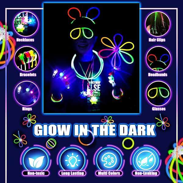 Glow in the Dark Party Supplies for Kids Adults, Light Up Party Favors with 57 LED Light Up Toys, 100 Glow Sticks Bulk DIY Glow Necklaces Glasses Bracelets Headband, Neon Party Supplies & Decorations - Image 7