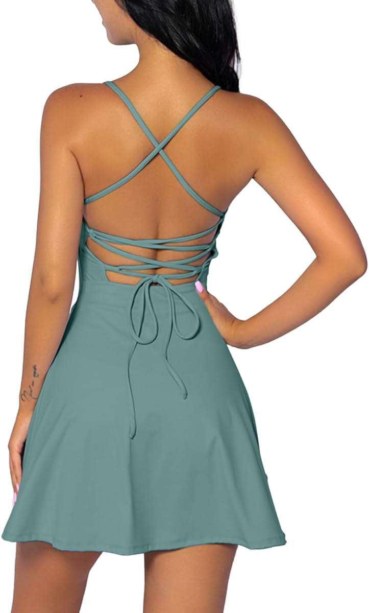 QINSEN Womens Two Pieces Tennis Dress with Shorts Workout Open Back Active Golf Dresses - Image 1