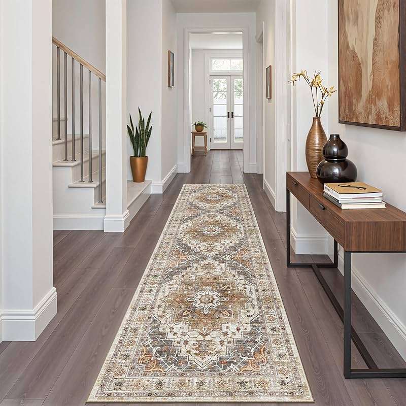 Madane Runner Rug 2x8, Washable Hallway Runner Rugs, Non-Slip Low-Pile Soft Kitchen Rug Runner Laundry Room Rug, Vintage Throw Entry Foyer Mat for Entrance Living Room (Turmeric/Grey, 2 x 8) - Image 1