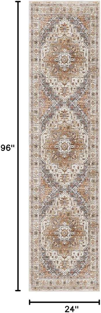 Madane Runner Rug 2x8, Washable Hallway Runner Rugs, Non-Slip Low-Pile Soft Kitchen Rug Runner Laundry Room Rug, Vintage Throw Entry Foyer Mat for Entrance Living Room (Turmeric/Grey, 2 x 8) - Image 2