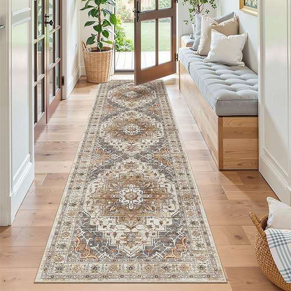 Madane Runner Rug 2x8, Washable Hallway Runner Rugs, Non-Slip Low-Pile Soft Kitchen Rug Runner Laundry Room Rug, Vintage Throw Entry Foyer Mat for Entrance Living Room (Turmeric/Grey, 2 x 8) - Image 4