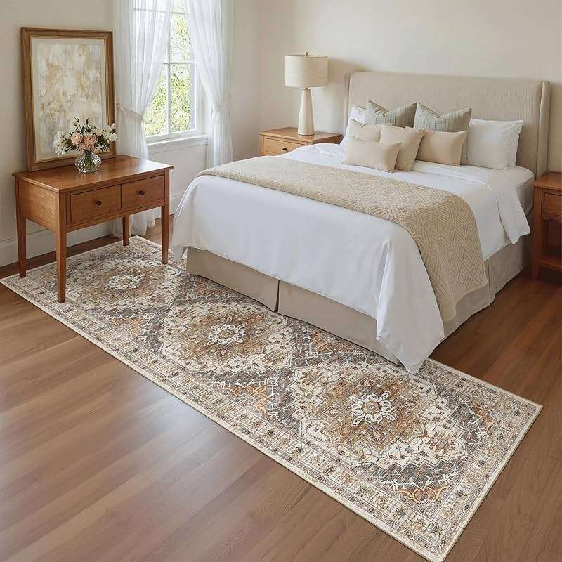 Madane Runner Rug 2x8, Washable Hallway Runner Rugs, Non-Slip Low-Pile Soft Kitchen Rug Runner Laundry Room Rug, Vintage Throw Entry Foyer Mat for Entrance Living Room (Turmeric/Grey, 2 x 8) - Image 5