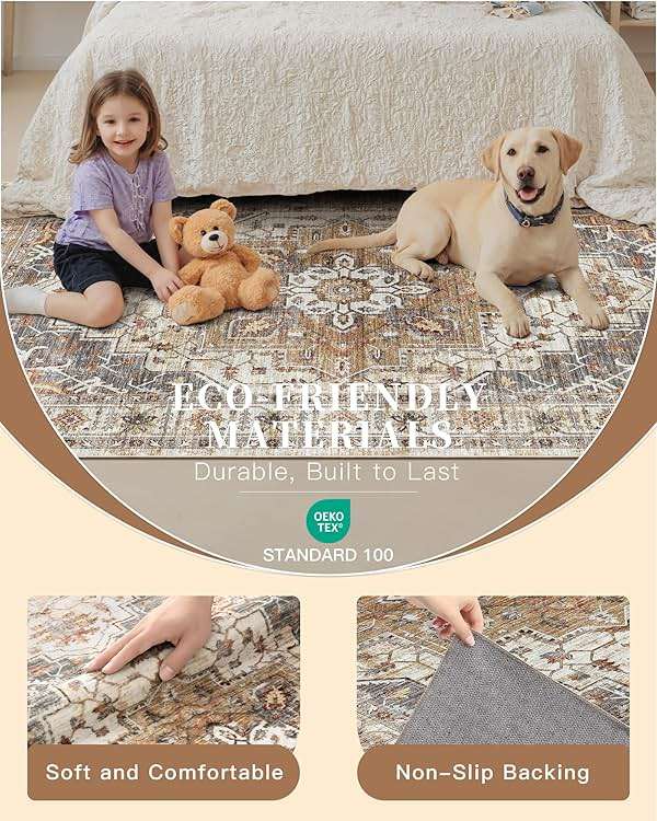 Madane Runner Rug 2x8, Washable Hallway Runner Rugs, Non-Slip Low-Pile Soft Kitchen Rug Runner Laundry Room Rug, Vintage Throw Entry Foyer Mat for Entrance Living Room (Turmeric/Grey, 2 x 8) - Image 6