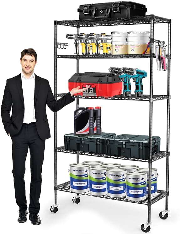YNN Storage Shelves,1750Lbs 5 Tier Heavy Duty Metal Rolling Shelving Unit with Wheels & 8 Hooks, Adjustable Garage Wire Rack for Kitchen, Bathroom,Industrial,Pantry(36" W x 14" D x 72" H,Black) - Image 1