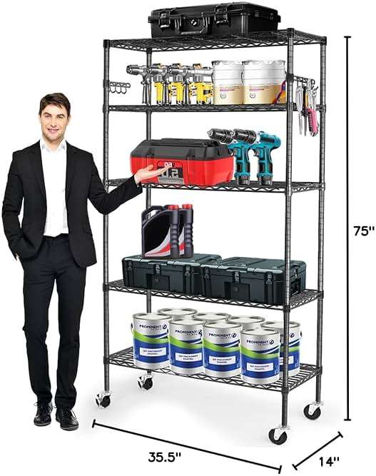 YNN Storage Shelves,1750Lbs 5 Tier Heavy Duty Metal Rolling Shelving Unit with Wheels & 8 Hooks, Adjustable Garage Wire Rack for Kitchen, Bathroom,Industrial,Pantry(36" W x 14" D x 72" H,Black) - Image 3