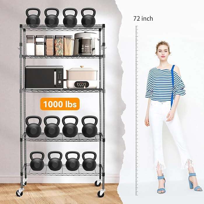 YNN Storage Shelves,1750Lbs 5 Tier Heavy Duty Metal Rolling Shelving Unit with Wheels & 8 Hooks, Adjustable Garage Wire Rack for Kitchen, Bathroom,Industrial,Pantry(36" W x 14" D x 72" H,Black) - Image 4