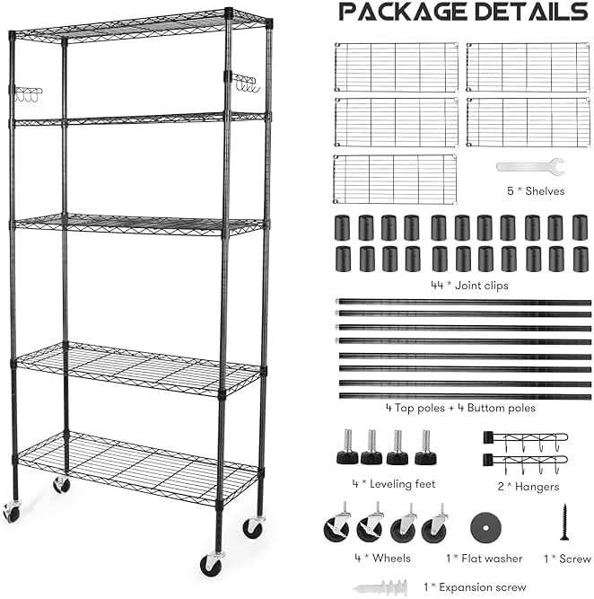 YNN Storage Shelves,1750Lbs 5 Tier Heavy Duty Metal Rolling Shelving Unit with Wheels & 8 Hooks, Adjustable Garage Wire Rack for Kitchen, Bathroom,Industrial,Pantry(36" W x 14" D x 72" H,Black) - Image 8