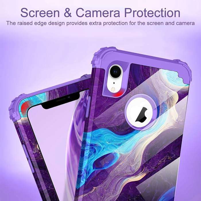 Hocase for iPhone XR Case, Heavy Duty Shockproof Protection Soft Silicone Rubber+Hard Plastic Bumper Hybrid Dual Layer Protective Case for iPhone XR (6.1-inch Display) 2018 - Blue Purple Marble - Image 4