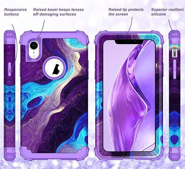 Hocase for iPhone XR Case, Heavy Duty Shockproof Protection Soft Silicone Rubber+Hard Plastic Bumper Hybrid Dual Layer Protective Case for iPhone XR (6.1-inch Display) 2018 - Blue Purple Marble - Image 6