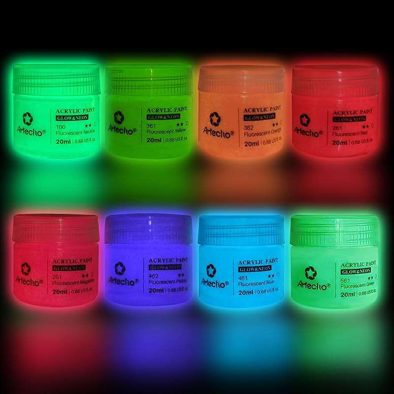 Artecho Glow in the Dark Acrylic Paint Set, 8 Colors x 20ml (0.7oz) | Non-Toxic, Waterproof, For Canvas Rock Wood Fabric, Rich Pigment, For Adults & Hobbyists - Image 1