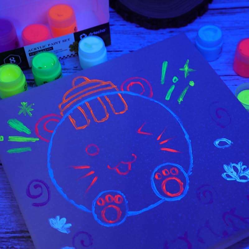 Artecho Glow in the Dark Acrylic Paint Set, 8 Colors x 20ml (0.7oz) | Non-Toxic, Waterproof, For Canvas Rock Wood Fabric, Rich Pigment, For Adults & Hobbyists - Image 2