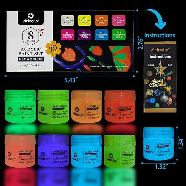 Artecho Glow in the Dark Acrylic Paint Set, 8 Colors x 20ml (0.7oz) | Non-Toxic, Waterproof, For Canvas Rock Wood Fabric, Rich Pigment, For Adults & Hobbyists - Image 3