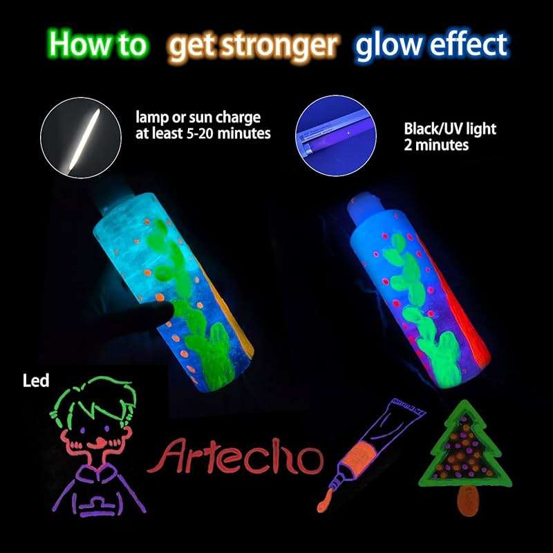 Artecho Glow in the Dark Acrylic Paint Set, 8 Colors x 20ml (0.7oz) | Non-Toxic, Waterproof, For Canvas Rock Wood Fabric, Rich Pigment, For Adults & Hobbyists - Image 6