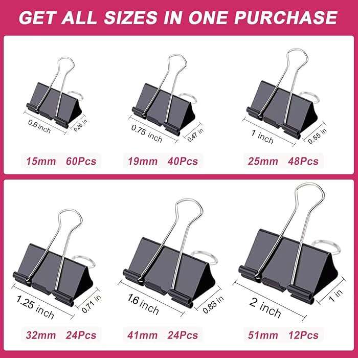 STOLCA 208 PCS Binder Clips Paper Clamps Assorted Sizes, Metal Paper Binder Clip, Black Binding Paperwork Clamp Bulk, Office Supplies for School Teachers - Image 3