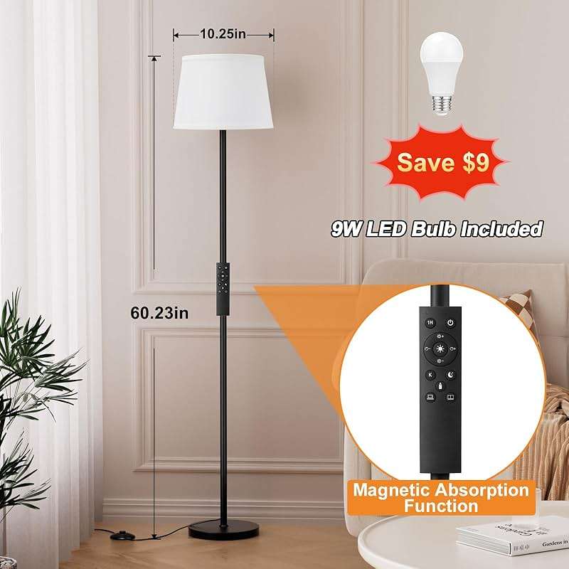 Raexpectis Modern Floor Lamp with Adjustable Brightness, Remote Control, Black, LED Bulbs, White Shade, Foot Switch, Easy Assembly - Image 2