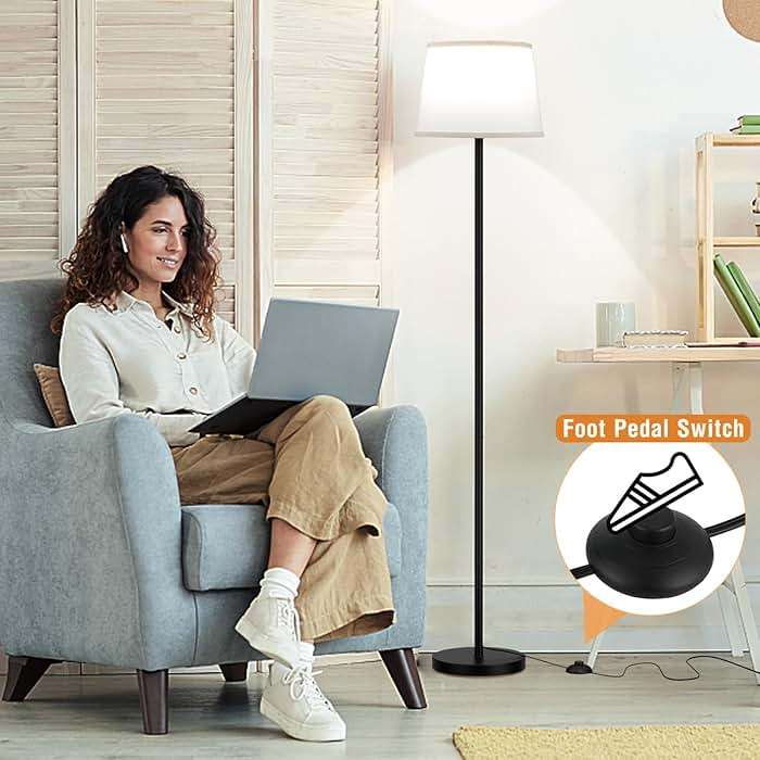 Raexpectis Modern Floor Lamp with Adjustable Brightness, Remote Control, Black, LED Bulbs, White Shade, Foot Switch, Easy Assembly - Image 3