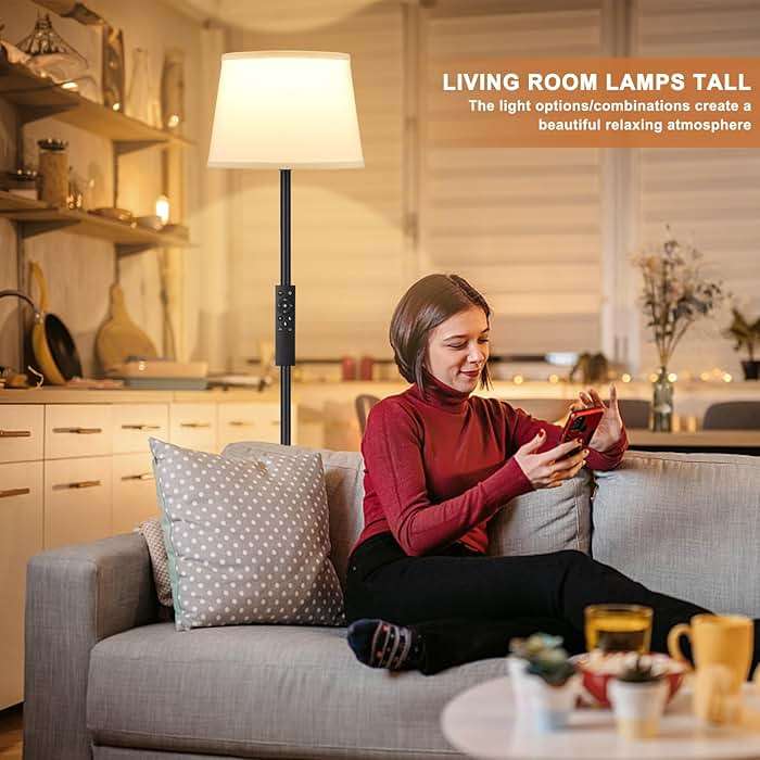 Raexpectis Modern Floor Lamp with Adjustable Brightness, Remote Control, Black, LED Bulbs, White Shade, Foot Switch, Easy Assembly - Image 6