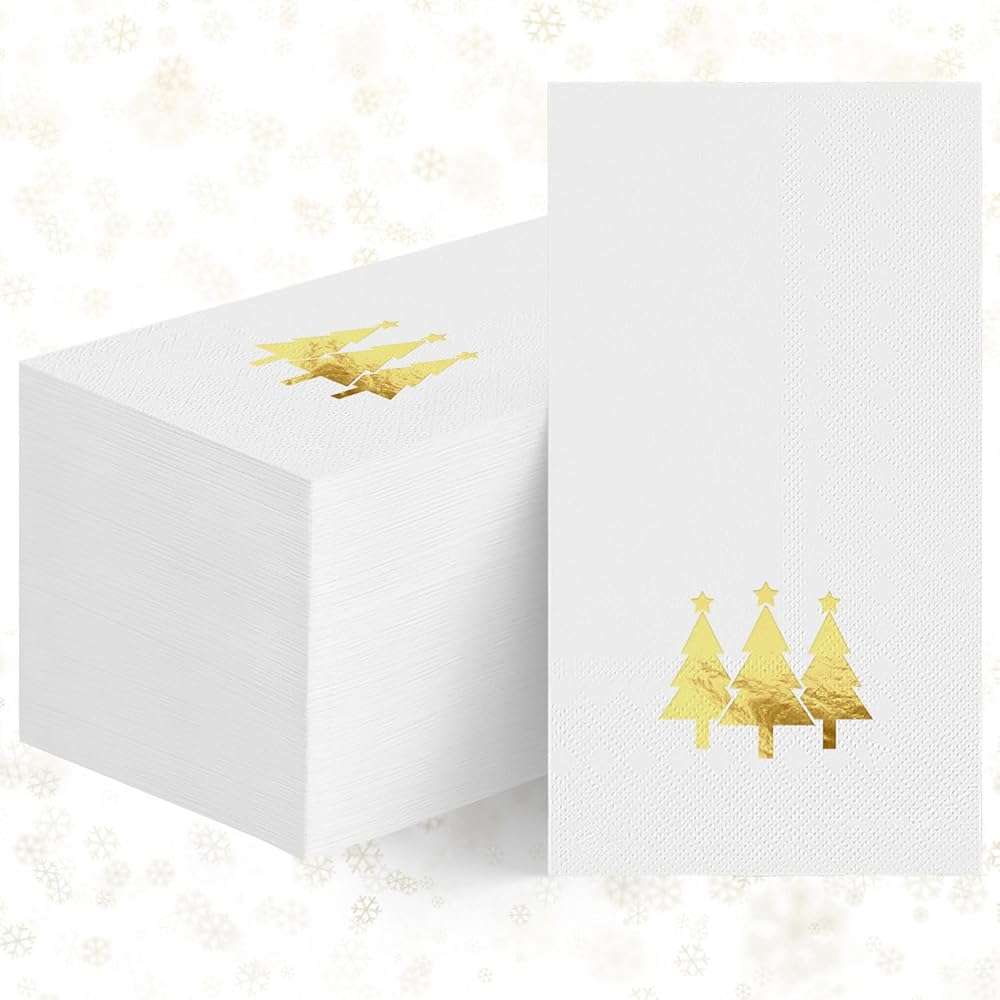 Horaldaily 100 Christmas Disposable Paper Decorative Guest Napkins, Gold Foil Christmas Trees Hand Towel for Party Lunch Dinner Kitchen Bathroom - Image 1