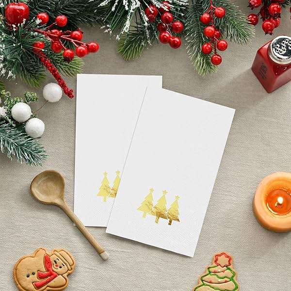 Horaldaily 100 Christmas Disposable Paper Decorative Guest Napkins, Gold Foil Christmas Trees Hand Towel for Party Lunch Dinner Kitchen Bathroom - Image 2