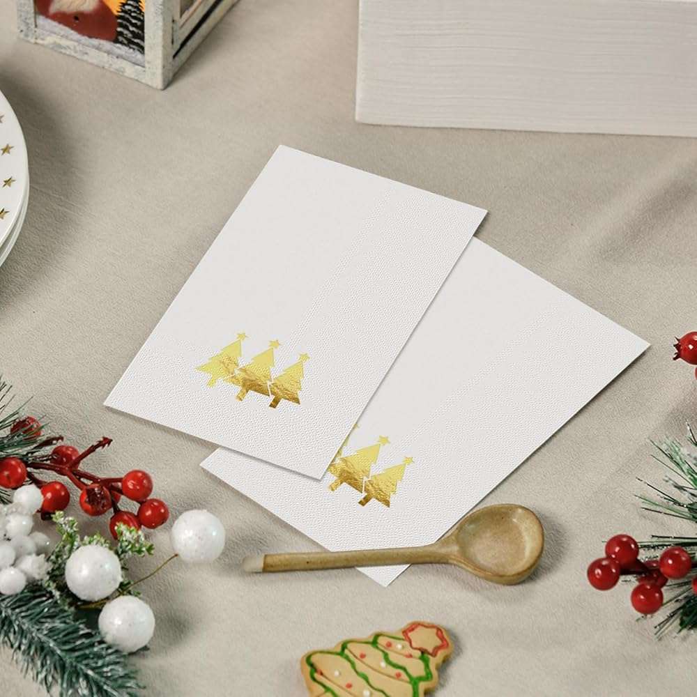Horaldaily 100 Christmas Disposable Paper Decorative Guest Napkins, Gold Foil Christmas Trees Hand Towel for Party Lunch Dinner Kitchen Bathroom - Image 3
