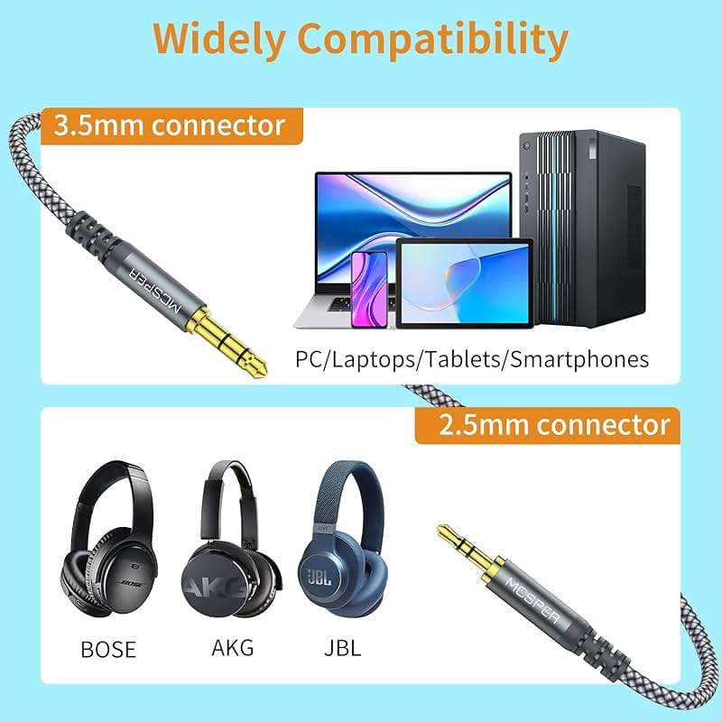 3.5mm to 2.5mm Aux Audio Cable (5FT),Replacement Audio Cord Compatible with SoundTrue Soundlink Bose 700 QuietComfort QC45 QC35II QC35 QC25 Noise Cancelling Headphones,NC700 On-Ear 2 OE2 OE2i (Grey) - Image 4