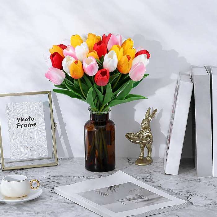 SITUMEIZI Fake Flowers Tulips Artificial Flower 15pcs Real Touch PU 14" for Spring Easter Home Kitchen Wedding Bouquet Bulk Mother's Gift Day Decorations(Assorted Colors,5) - Image 2