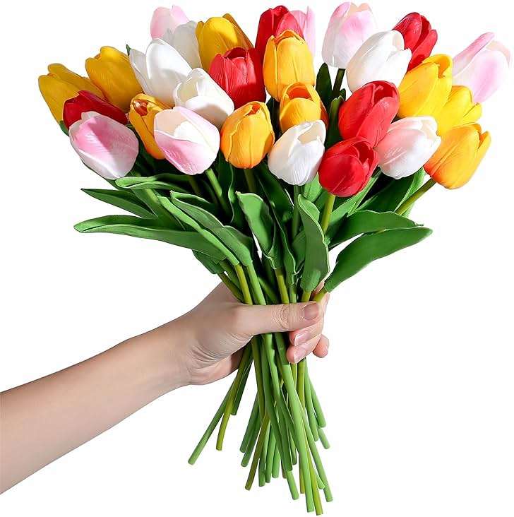 SITUMEIZI Fake Flowers Tulips Artificial Flower 15pcs Real Touch PU 14" for Spring Easter Home Kitchen Wedding Bouquet Bulk Mother's Gift Day Decorations(Assorted Colors,5) - Image 4
