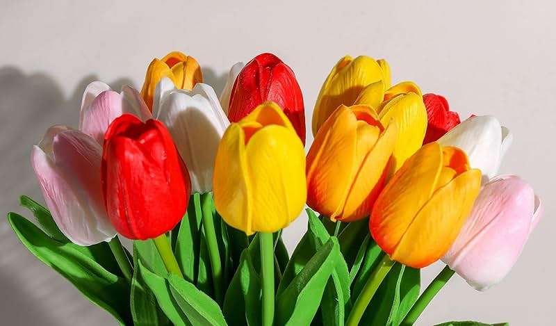 SITUMEIZI Fake Flowers Tulips Artificial Flower 15pcs Real Touch PU 14" for Spring Easter Home Kitchen Wedding Bouquet Bulk Mother's Gift Day Decorations(Assorted Colors,5) - Image 7