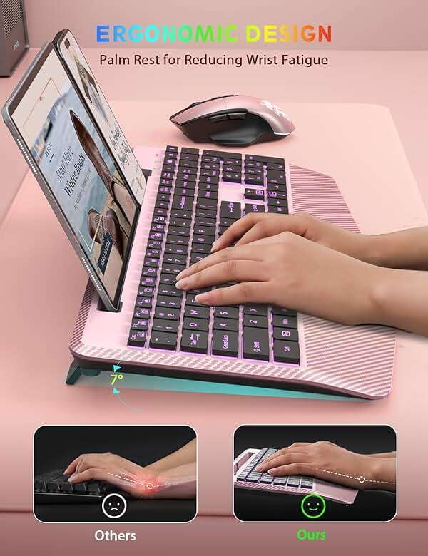 Wireless Keyboard and Mouse Backlits, Wrist Rest, LED Mouse, Rechargeable Ergonomic Keyboard with Phone Holder, Silent Light Up Combo for Computer, Mac, PC, Laptop, Chromebook (Rose Gold) - Image 3
