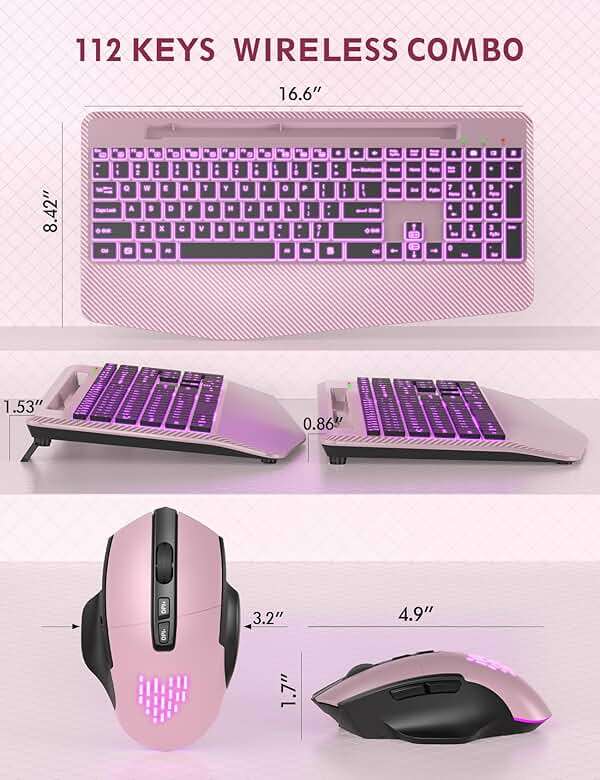 Wireless Keyboard and Mouse Backlits, Wrist Rest, LED Mouse, Rechargeable Ergonomic Keyboard with Phone Holder, Silent Light Up Combo for Computer, Mac, PC, Laptop, Chromebook (Rose Gold) - Image 7