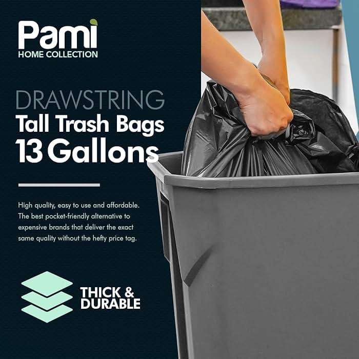 PAMI Tall 13-Gallon Kitchen Drawstring Trash Bags [80-Pack, Black] - Extra-Strong Plastic Garbage Bags- Thick Trash Can Liners For Kitchen, Bathroom & Outdoor Bins- 2ft x2ft Unscented Trash Bags - Image 2