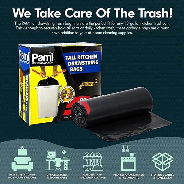 PAMI Tall 13-Gallon Kitchen Drawstring Trash Bags [80-Pack, Black] - Extra-Strong Plastic Garbage Bags- Thick Trash Can Liners For Kitchen, Bathroom & Outdoor Bins- 2ft x2ft Unscented Trash Bags - Image 3