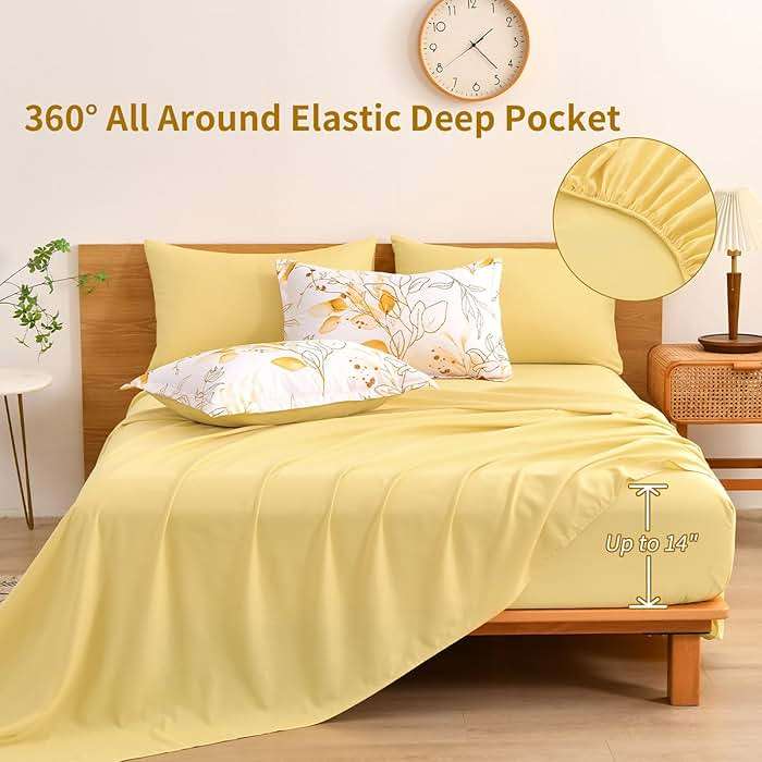 WONGS BEDDING Yellow Botanical Comforter Set Queen, 7 Pieces Floral Bed in a Bag Gloden Leaves Bedding Set Soft Microfiber Queen(1 Comforter,2 Pillowcase,2 Pillow Shams,1 Flat Sheet,1 Fitted Sheet) - Image 3