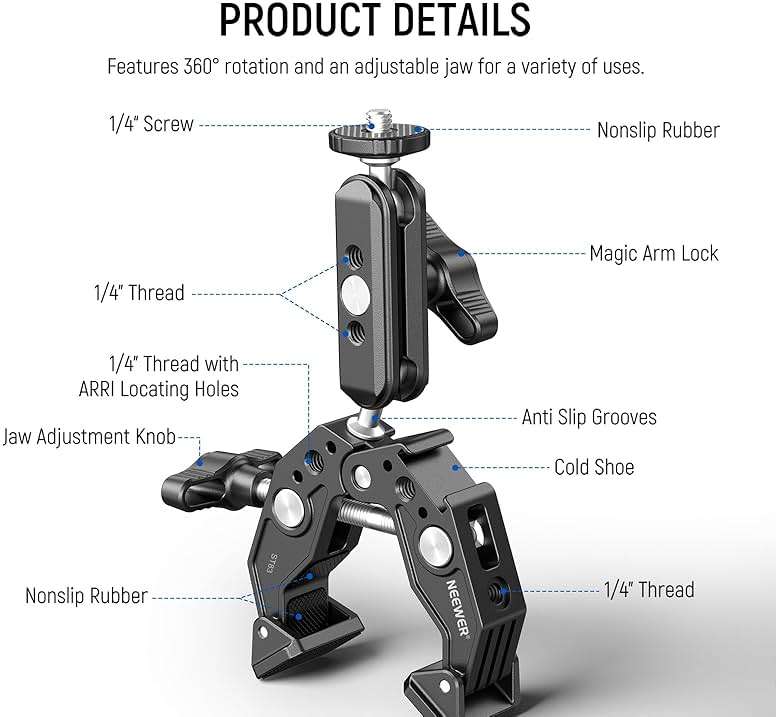 NEEWER Super Clamp with 3" Dual Ballhead Magic Arm, Cold Shoe, 1/4" Threads, Phone/Action Camera Mount Adapter for Desk Tripod Tube Crossbar Gimbal Rods Compatible with SmallRig GoPro DJI, ST83 - Image 2