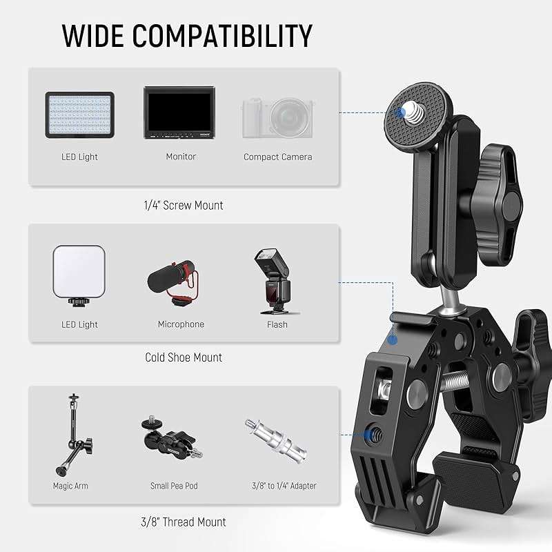 NEEWER Super Clamp with 3" Dual Ballhead Magic Arm, Cold Shoe, 1/4" Threads, Phone/Action Camera Mount Adapter for Desk Tripod Tube Crossbar Gimbal Rods Compatible with SmallRig GoPro DJI, ST83 - Image 6