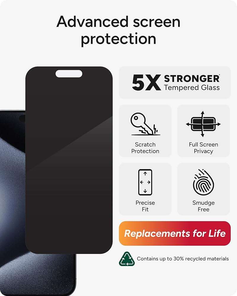 ZAGG InvisibleShield Glass Elite Privacy 360 iPhone 15 Pro Max Screen Protector - 5X Stronger with Reinforced Edges, 4-Way Privacy Filter, Scratch & Smudge-Resistant Surface, Easy to Install - Image 2