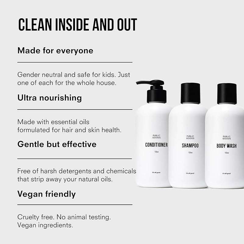 Public Goods Shower Essentials for Men and Women | Natural Shampoo, Conditioner & Body Wash | Made with Organic Essential Oils | Sulfate & Paraben Free | Vegan Friendly | 12 Fl Oz Bottles - Image 4