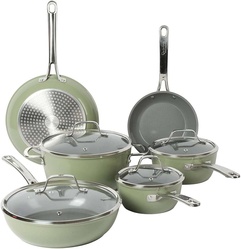 Sur La Table Kitchen Essentials 10 Piece PFA Free Non-Toxic Titanium Ceramic Nonstick Interior Forged Aluminum Cookware Pots and Pans Set - Green - Induction Compatible - Image 1