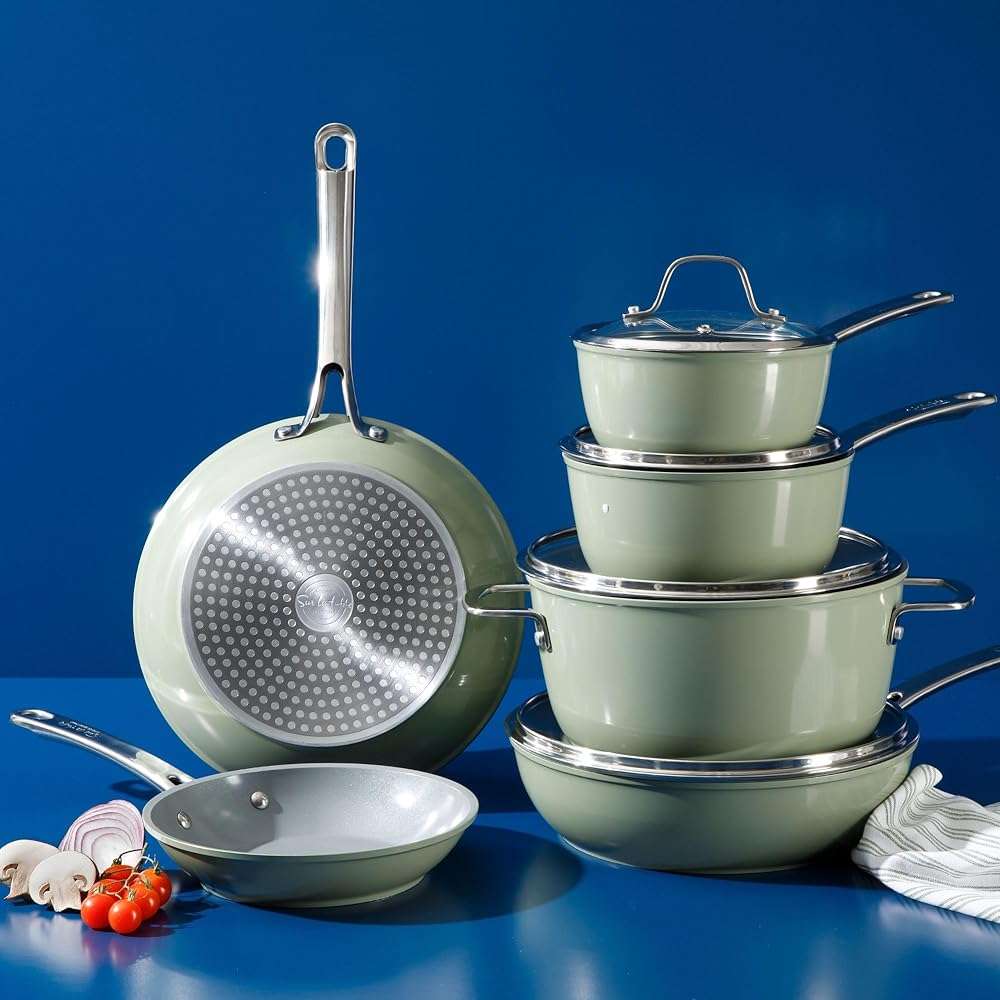 Sur La Table Kitchen Essentials 10 Piece PFA Free Non-Toxic Titanium Ceramic Nonstick Interior Forged Aluminum Cookware Pots and Pans Set - Green - Induction Compatible - Image 6
