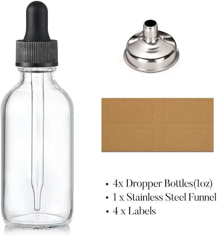 Set of 4, 1 oz Clear Eye Dropper Bottles with 1 Stainless Steel Funnels & 4 Labels - Black Caps 30ml Thick Glass Tincture Bottles - Leakproof Essential Oils Bottles for Health, Personal Care & Beauty - Image 5