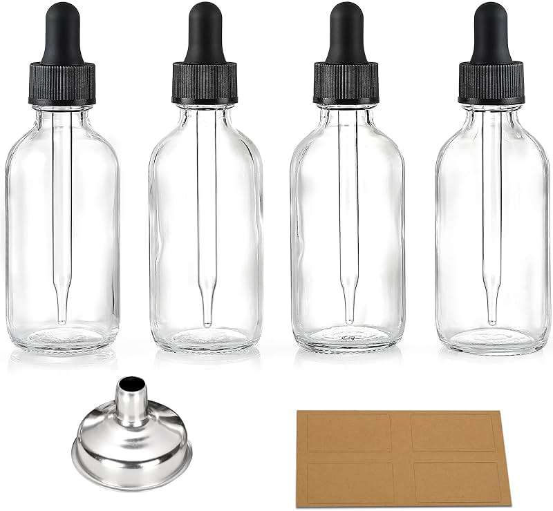 4 Pcs, 2 oz Clear Eye Dropper Bottles with 1 Stainless Steel Funnels & 4 Labels - Black Caps 60ml Thick Glass Tincture Bottles - Leakproof Essential Oils Bottles for Health, Personal Care & Beauty - Image 1
