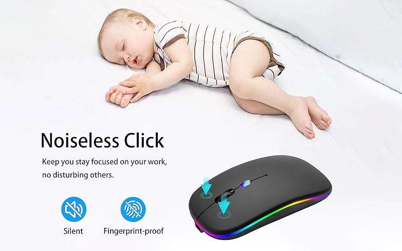 AIKOKOK Wireless Bluetooth Mouse, Rechargeable, Dual Mode Bluetooth 5.2 & 2.4G USB, LED Lights, Slim, Silent, Portable Computer Mouse for Laptop, PC, MacBook, iPad, Tablet (Black) - Image 4