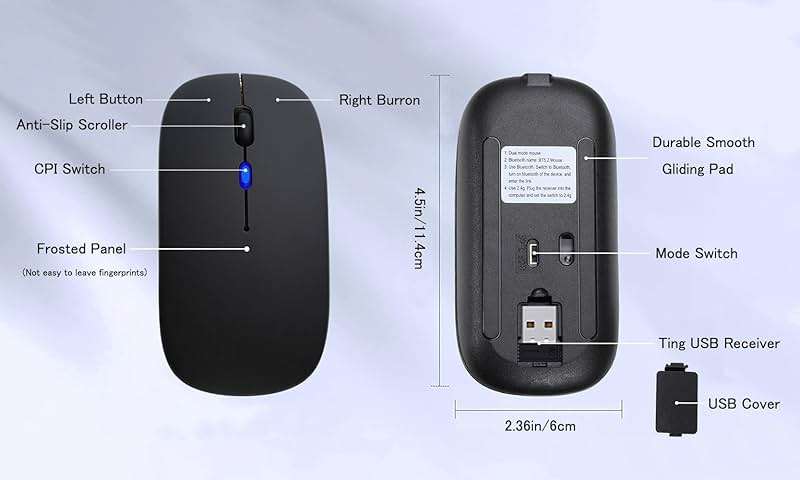 AIKOKOK Wireless Bluetooth Mouse, Rechargeable, Dual Mode Bluetooth 5.2 & 2.4G USB, LED Lights, Slim, Silent, Portable Computer Mouse for Laptop, PC, MacBook, iPad, Tablet (Black) - Image 7
