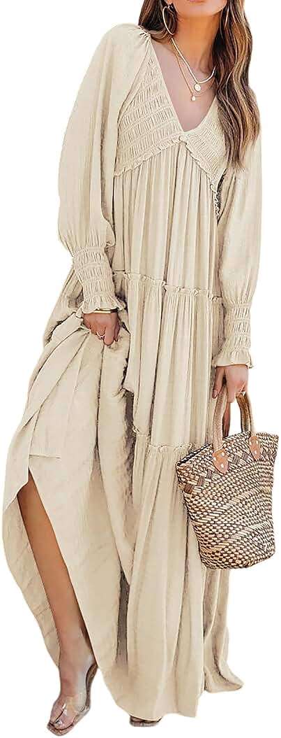R.Vivimos Maxi Dress for Women Long Sleeve V Neck Empire Waist Layered Ruffle Boho Casual Flowy Long Dresses - Image 1