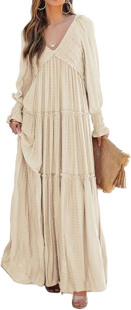 R.Vivimos Maxi Dress for Women Long Sleeve V Neck Empire Waist Layered Ruffle Boho Casual Flowy Long Dresses - Image 2