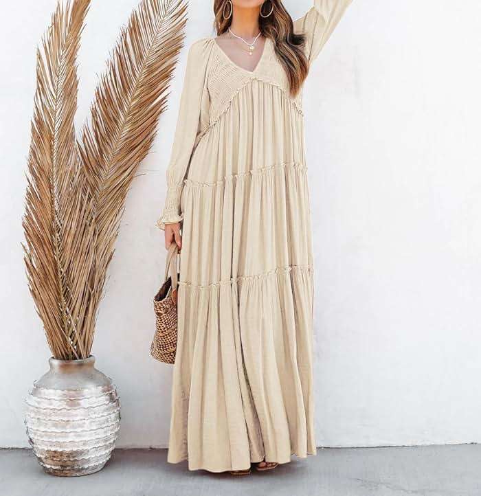 R.Vivimos Maxi Dress for Women Long Sleeve V Neck Empire Waist Layered Ruffle Boho Casual Flowy Long Dresses - Image 3