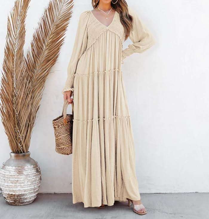 R.Vivimos Maxi Dress for Women Long Sleeve V Neck Empire Waist Layered Ruffle Boho Casual Flowy Long Dresses - Image 4