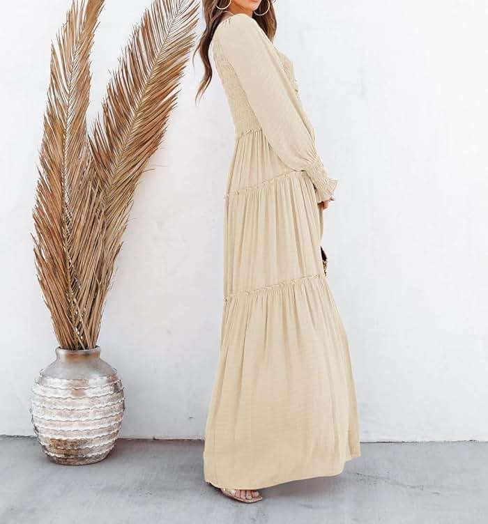R.Vivimos Maxi Dress for Women Long Sleeve V Neck Empire Waist Layered Ruffle Boho Casual Flowy Long Dresses - Image 5