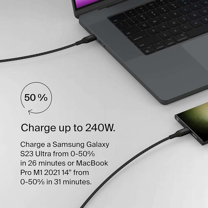 Belkin USB C to USB C Cable, 6.6ft, 240W - Type C Charger, iPhone Charger Cord, Fast Charging for iPhone 16, Galaxy S25, Pixel 9, MacBook, Chromebook, iPad Pro, Switch Steam Deck - Black - Image 3